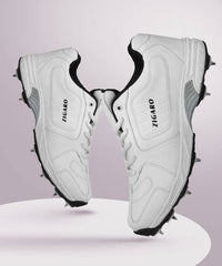 Zigaro Radiant White Full Spikes Cricket Shoes For Men (White, Black)