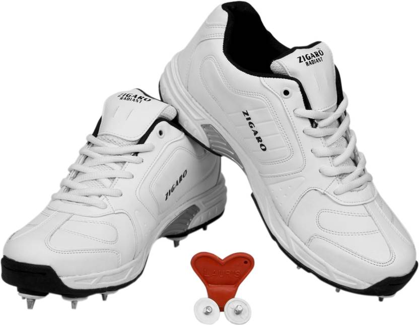 Zigaro Radiant White Full Spikes Cricket Shoes For Men (White, Black)